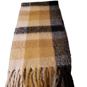 Long Wide Plaid Scarf Wrap Fringed Very Warm 68"×18" Brown Black Gray